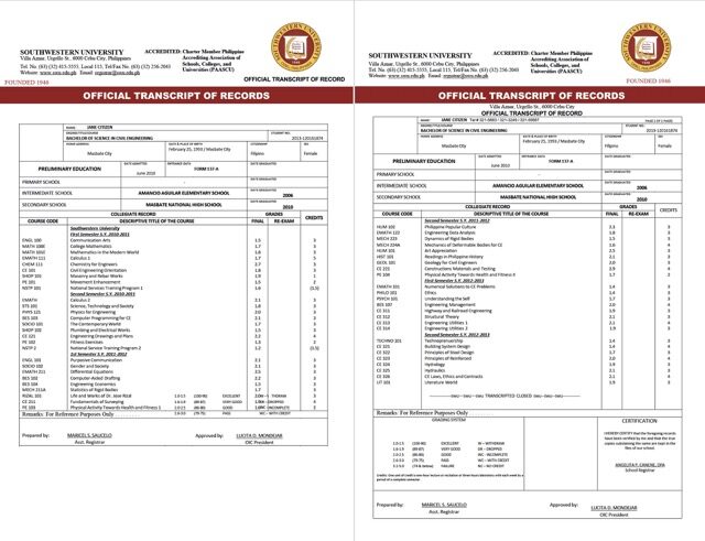 Southwestern University official transcript of record Word and PDF template, 2 pages
