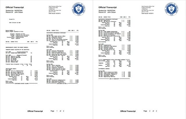 State University of New York official transcript Word and PDF template, 2 pages