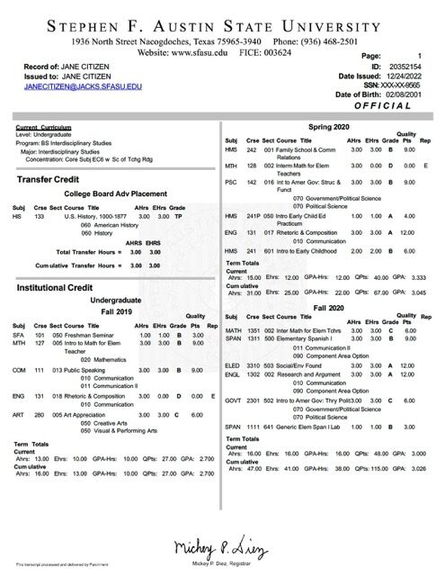 Stephen F. Austin State University official transcript Word and PDF template