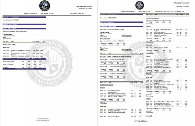 Stockton University official transcript Word and PDF template, 2 pages