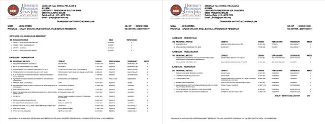 Sultan Idris Education University transcript Word and PDF template, 2 pages