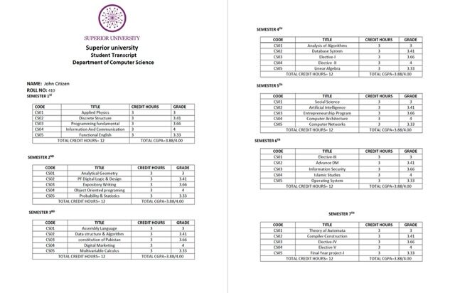 Superior University student transcript Word and PDF template, 2 pages
