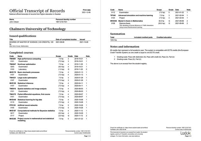 Sweden Chalmers University of Technology official transcript of records Word and PDF template, 2 pages