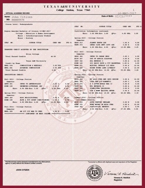 Texas A&M University official academic record Word and PDF template