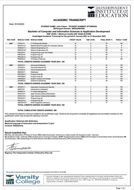 The Independent Institute of Education academic transcript Word and PDF template