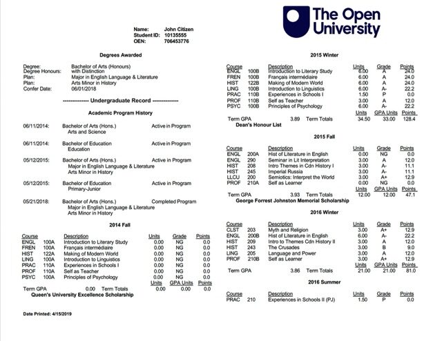 The Open University undergraduate record Word and PDF template