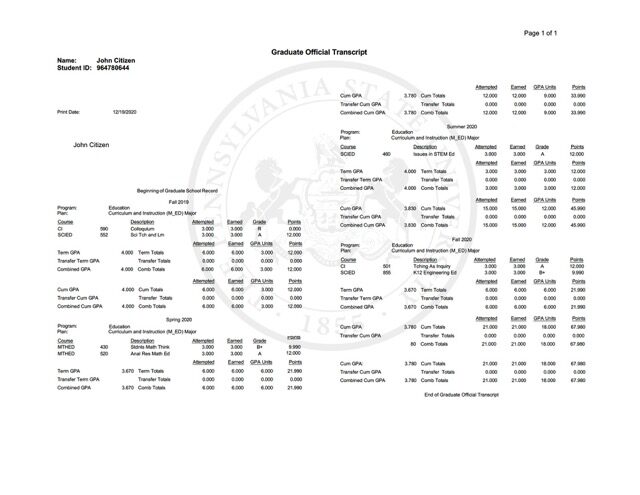 The Pennsylvania State University official transcript Word and PDF template, 2 pages