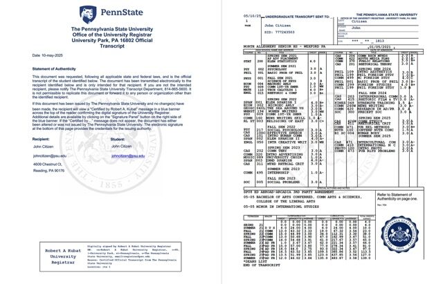 The Pennsylvania State University undergraduate transcript Word and PDF template, 2 pages