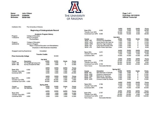 The University of Arizona official transcript Word and PDF template
