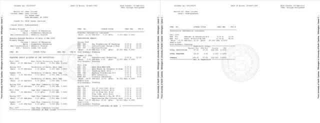 The University of North Carolina at Wilmington official academic transcript Word and PDF template, 3 pages