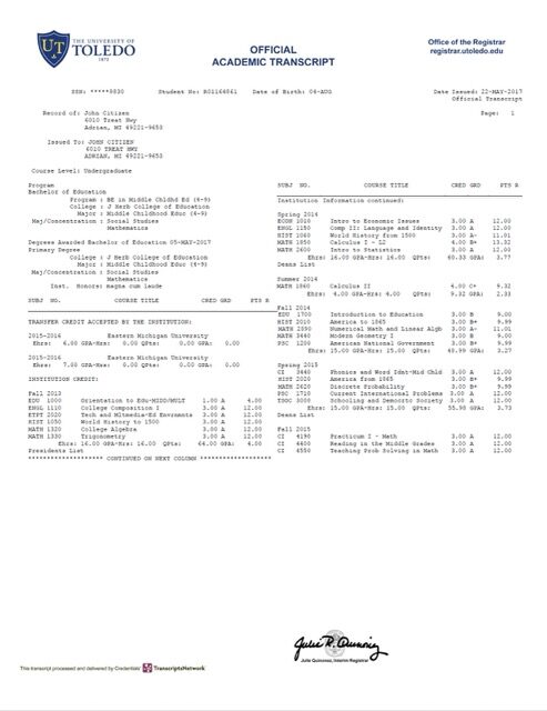 The University of Toledo official academic transcript Word and PDF template