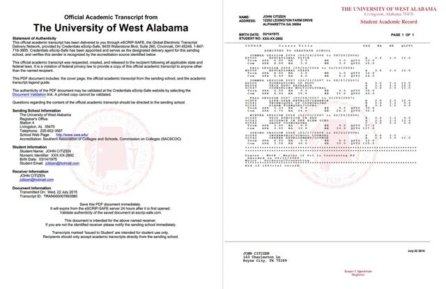 The University of West Alabama official academic transcript Word and PDF template, 2 pages