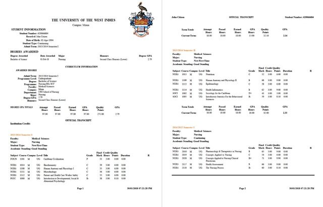 The University of the West Indies Mona official transcript Word and PDF template, 2 pages