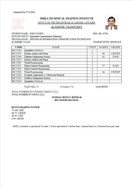 Thika Technical Training Institute academic transcript Word and PDF template 