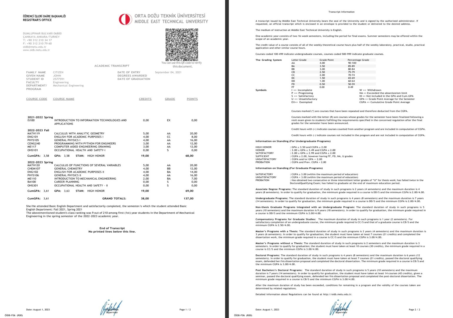 Turkey Middle East Technical University academic transcript Word and PDF template, 2 pages