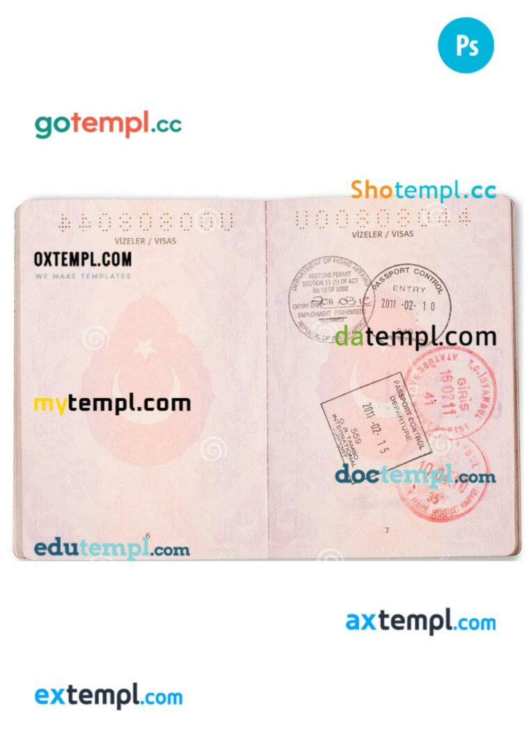Turkey passport visa pages PSD templates