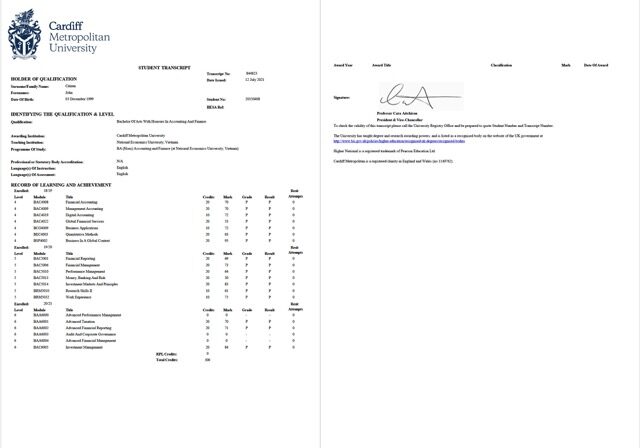 UK Cardiff Metropolitan University student transcript Word and PDF template, 2 pages