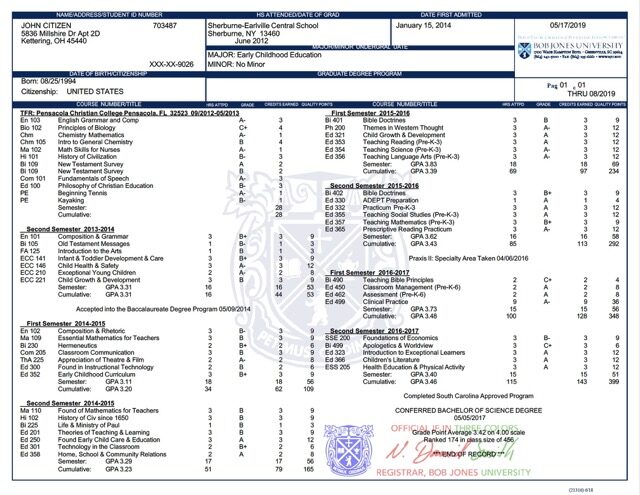 USA Bob Jones University transcript Word and PDF template