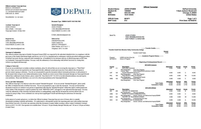 USA DePaul University official academic transcript Word and PDF template, 4 page
