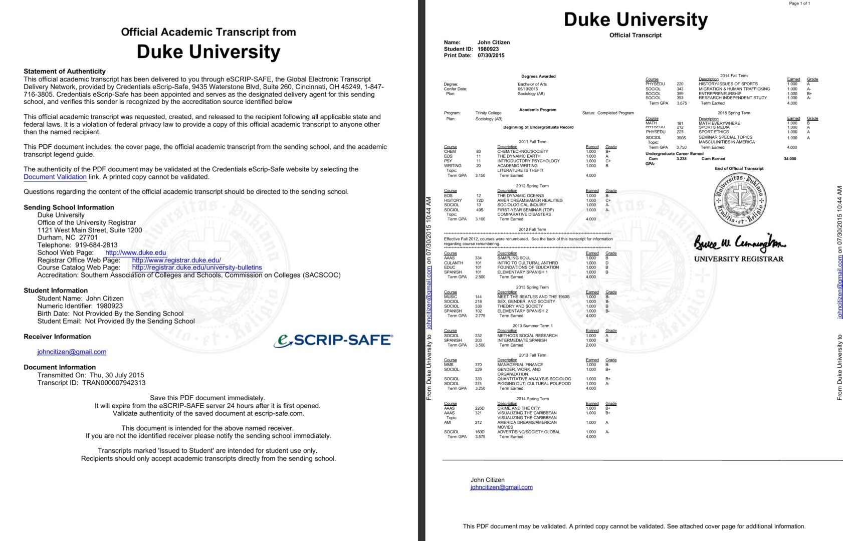 USA Duke University official academic transcript Word and PDF template, 2 pages