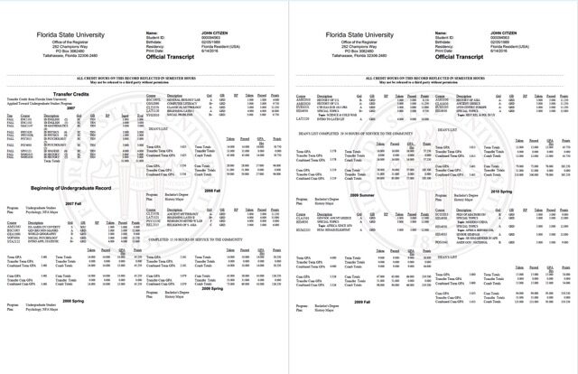 USA Florida State University official transcript official transcript Word and PDF template, 2 pages
