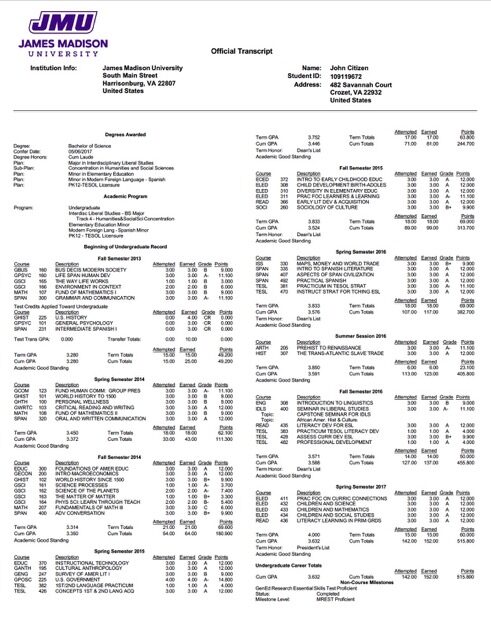USA James Madison University official transcript Word and PDF template