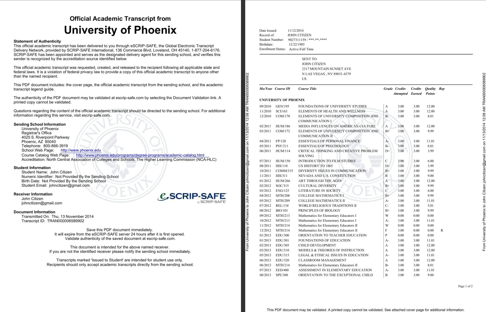 USA University of Phoenix official academic transcript Word and PDF template, 3 pages