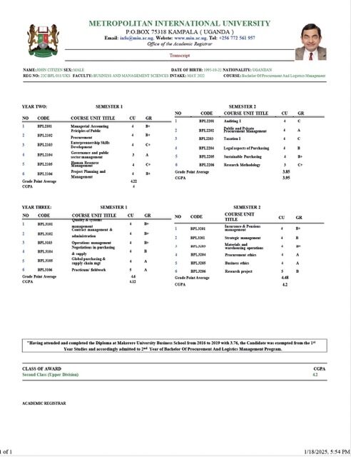Uganda Metropolitan International University transcript Word and PDF template