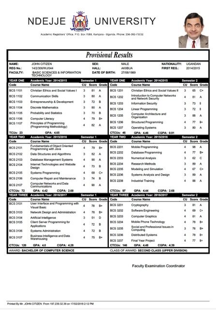Uganda Ndejje University provisional results Word and PDF template