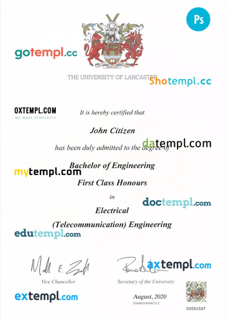 United Kingdom Lancaster university transcript in PSD format, 4 pages