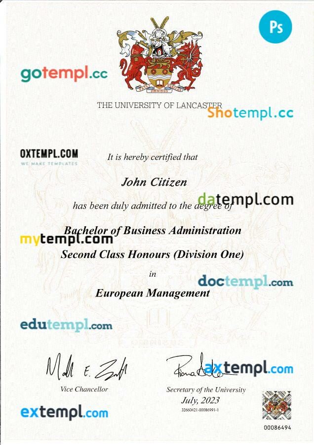 United Kingdom Lancaster university transcript in PSD format, 11 pages