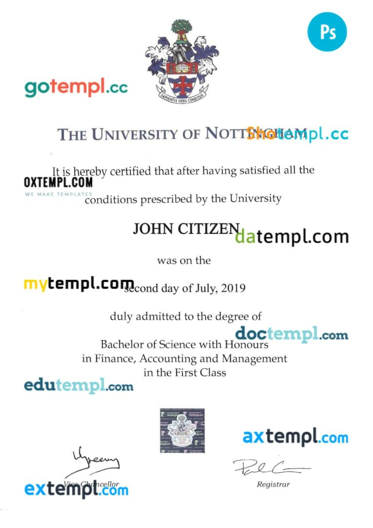 United Kingdom Nottingham university transcript in PSD format, 5 pages