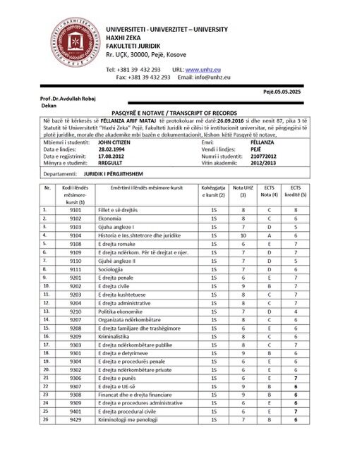Universiteti Haxhi Zeka transcript of records Word and PDF template 