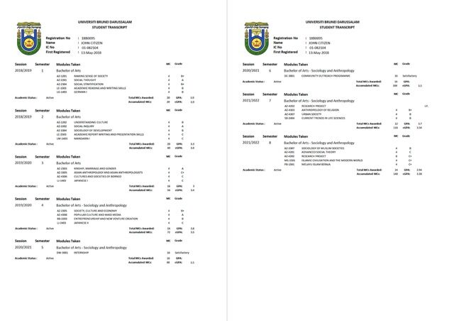 Universiti Brunei Darussalam student transcript Word and PDF template, 2 pages