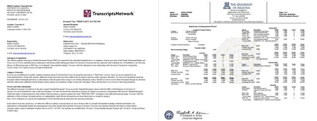 University of Arizona official academic transcript Word and PDF template, 2 pages