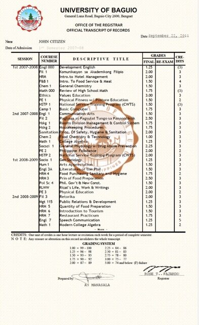 University of Baguio official transcript of records Word and PDF template