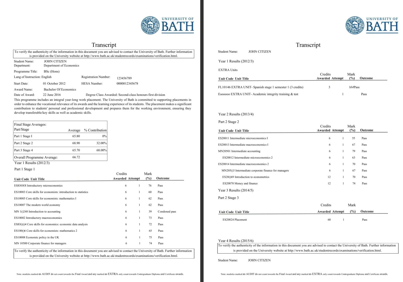 University of Bath transcript Word and PDF template, 3 pages
