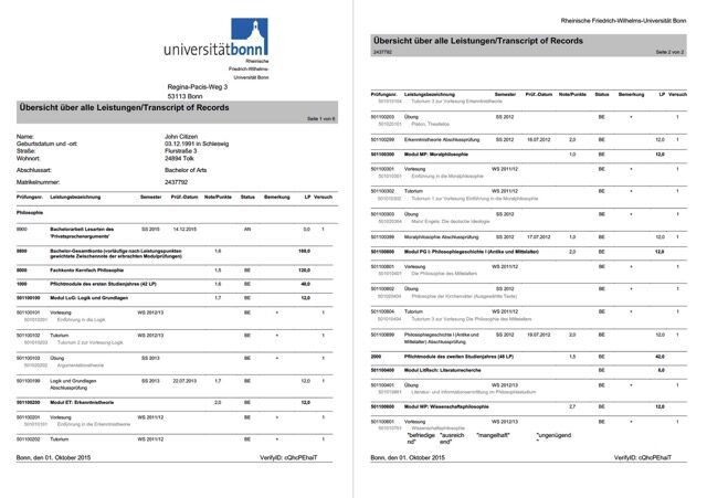 University of Bonn transcript of records Word and PDF template, 2 pages