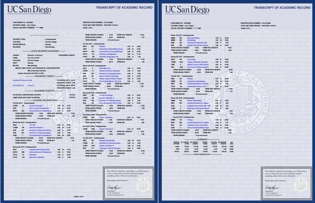 University of California San Diego transcript of academic record Word and PDF template, 2 pages