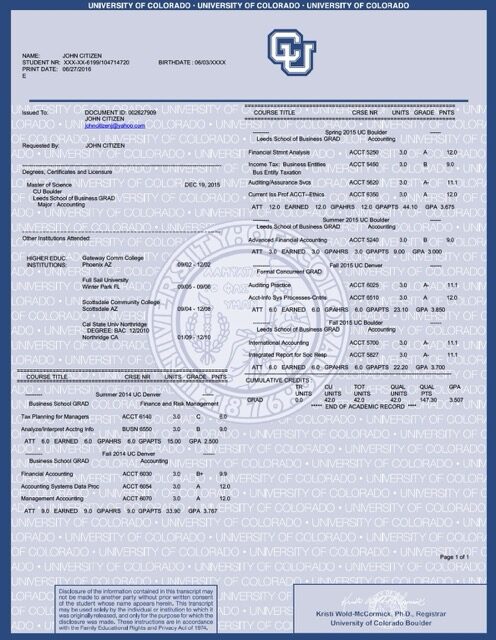 University of Colorado transcript Word and PDF template