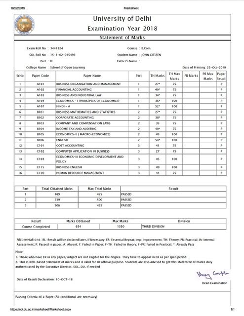 University of Delhi statement of marks Word and PDF template