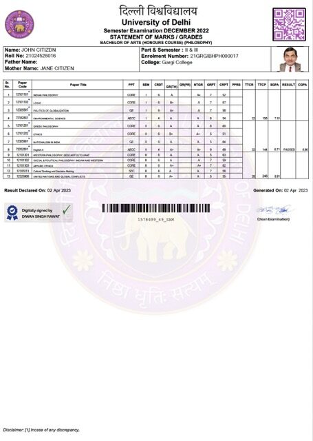 University of Delhi statement of marks/grades Word and PDF template, version 2
