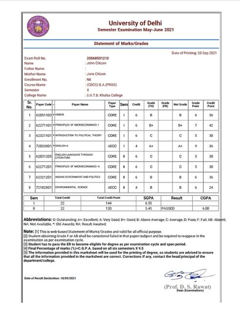 University of Delhi statement of marks/grades Word and PDF template