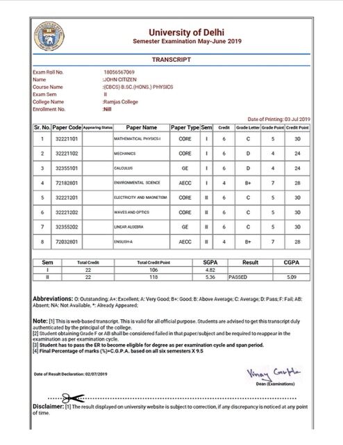 University of Delhi transcript Word and PDF template