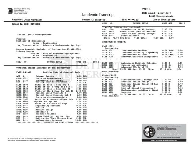 University of Detroit Mercy academic transcript Word and PDF template