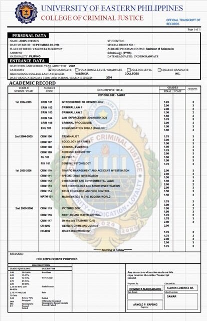 University of Eastern Philippines official transcript of records Word and PDF template