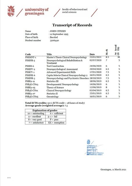 University of Groningen transcript of records Word and PDF template