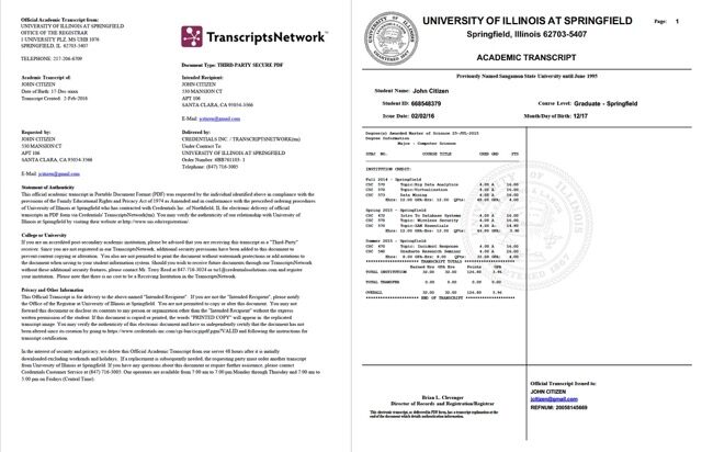 University of Illinois Springfield academic transcript Word and PDF template, 2 pages