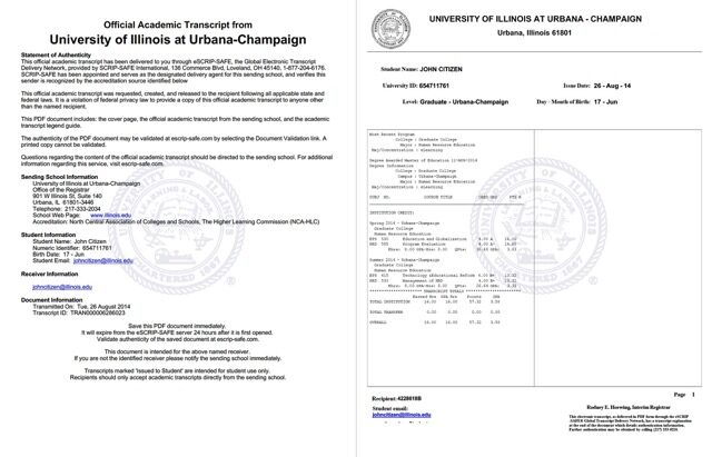 University of Illinois at Urbana-Champaign official academic transcript Word and PDF template, 2 pages