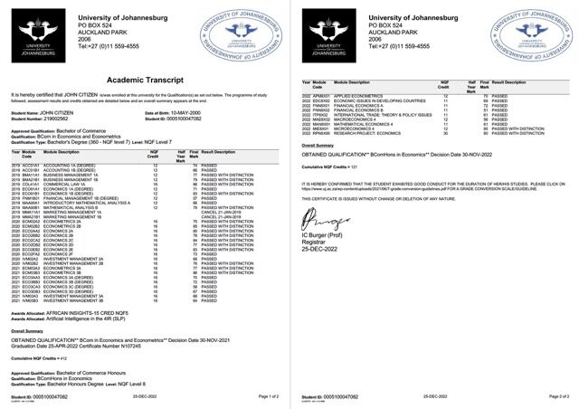 University of Johannesburg academic transcript Word and PDF template, 2 pages
